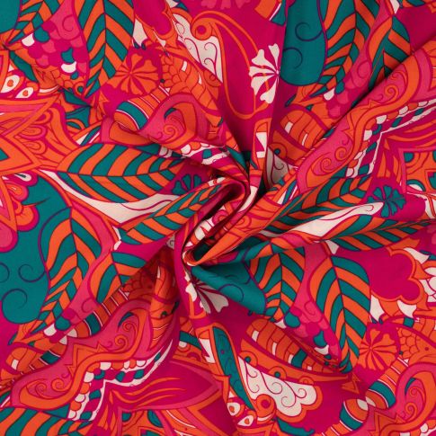 Tissu Viscose Chally Motifs abstraits sur fond Rose fuchsia