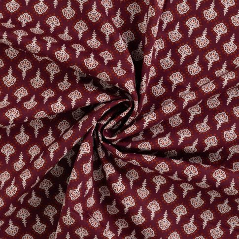 Tissu Voile de Coton Eventails stylisés sur fond Bordeaux