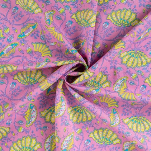 Tissu Voile de Coton Anjali Eventails Floraux Vert anis sur fond Rose