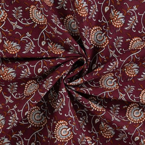 Tissu Voile de Coton Amélia Fleurs bohèmes sur fond Bordeaux foncé