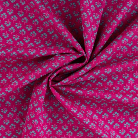Tissu Voile de Coton Buti Turquoise sur fond Magenta fuschia