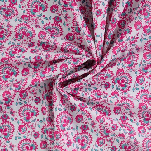 Tissu Voile de Coton Fleurs fuschia et turquoise sur fond Blanc