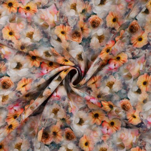 Tissu Lin Viscose impression fleuris orangé et vert sur fond Bleu ancien