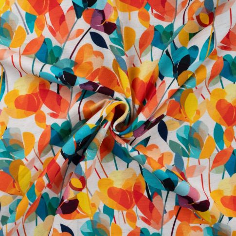 Tissu Lin Viscose impression fleuris multico sur fond Blanc
