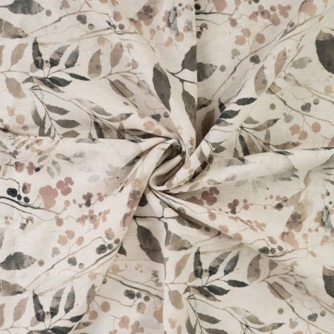 Tissu Lin Viscose feuillage subtil sur fond Ecru