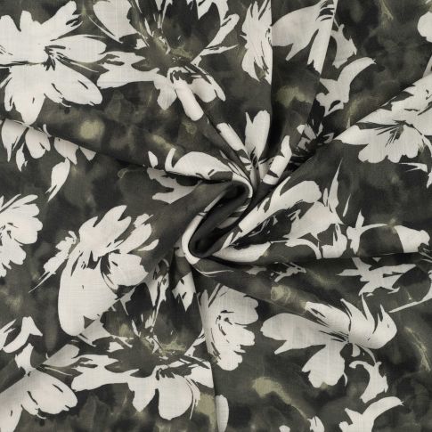 Tissu Rayonne extensible Floral sur fond Vert kaki