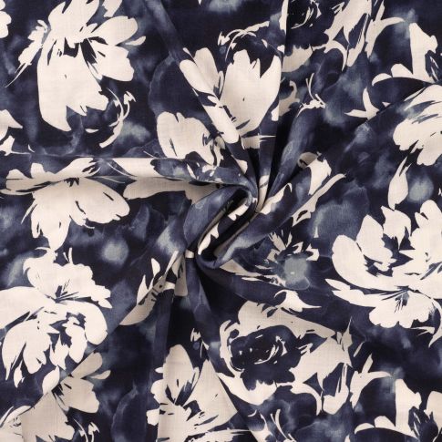 Tissu Rayonne extensible Floral sur fond Bleu denim