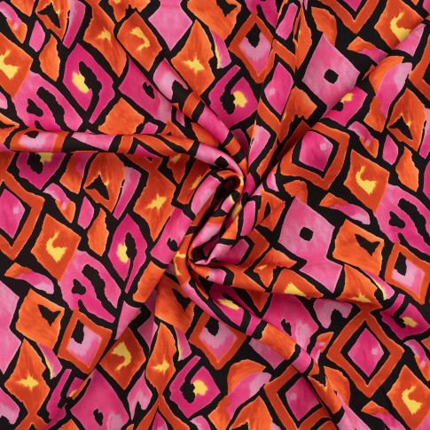 Tissu Viscose satiné Carreaux retro fuschia sur fond Noir