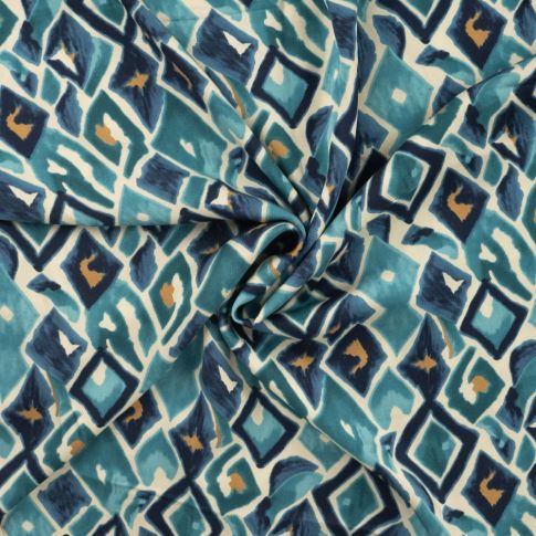 Tissu Viscose satiné Carreaux retro sur fond Bleu