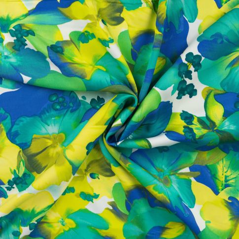Tissu Viscose satiné Grandes fleurs aquarelles bleues et vertes sur fond Blanc
