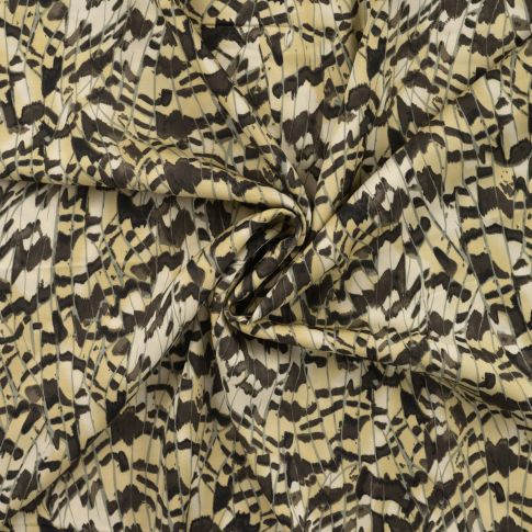 Tissu Viscose satiné inspi plumes sur fond Vert kaki