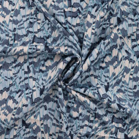 Tissu Viscose satiné inspi plumes bleu denim sur fond Blanc