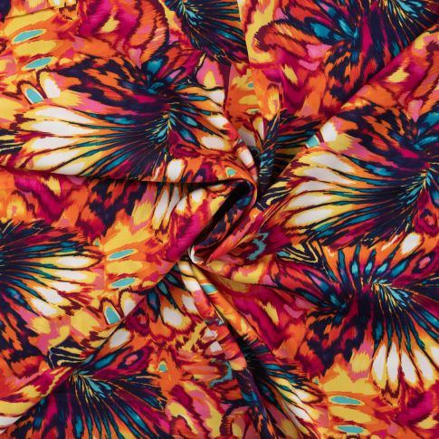 Tissu Viscose satiné Plumes éclatantes sur fond Orange