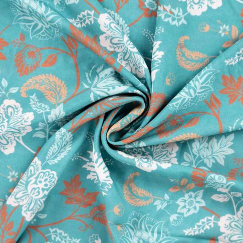 Tissu voile Ibiza Fleuris sur fond Bleu turquoise