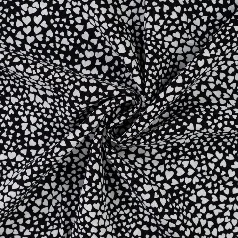 Tissu Viscose imprimé Petits coeurs blancs sur fond Noir