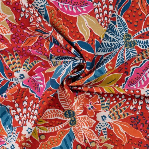 Tissu Viscose extensible Floral exotique sur fond Rouge