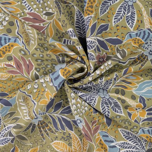 Tissu Viscose extensible Floral exotique sur fond Vert olive
