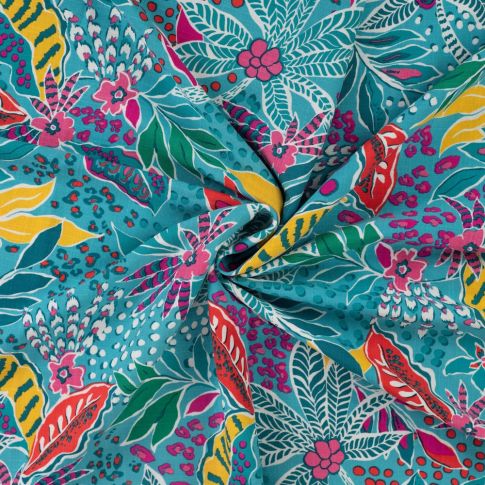 Tissu Viscose extensible Floral exotique sur fond Bleu lagon