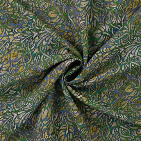 Tissu Voile de Tencel Lin Arabesques fleuries vertes sur fond Bleu