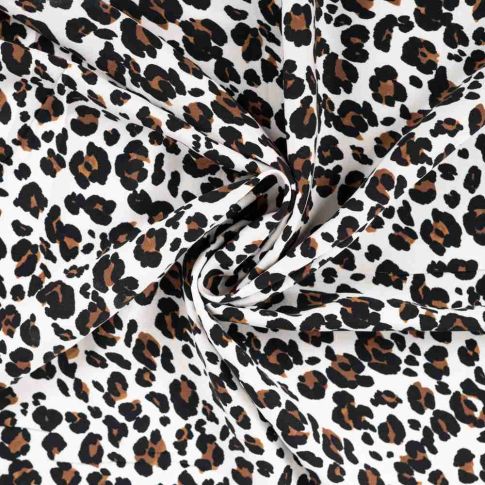 Tissu Viscose  Lyana motif léopard Marron sur fond Blanc