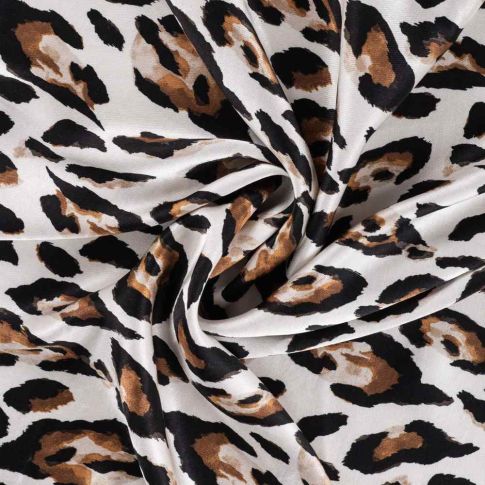 Tissu Viscose Paloma touché Satin léopard style aquarelle Marron sur fond Blanc