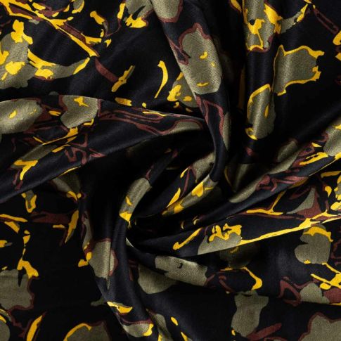 Tissu Viscose Dahlia touché satin fleurs abstraites Vert kaki et Jaunes sur fond Noir