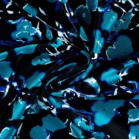 Tissu Viscose Dahlia touché satin fleurs abstraites Bleu roi et turquoise sur fond Noir