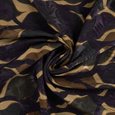 Tissu Viscose  Calypso vagues abstraites façon camouflage sur fond Brun
