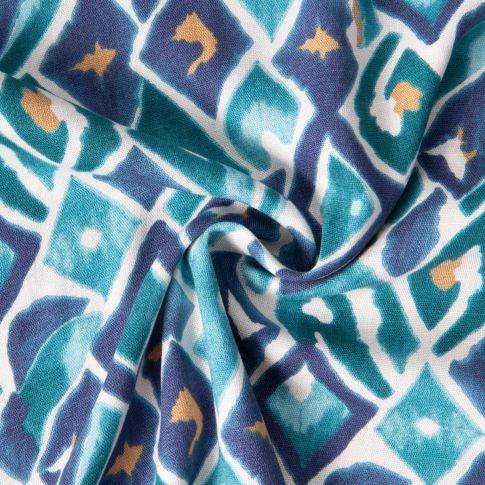 Tissu Viscose Eléana stretch motif géométrique Bleu sur fond Blanc