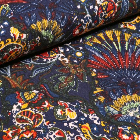 Tissu Viscose Twill Fleurs ethniques sur fond Bleu marine