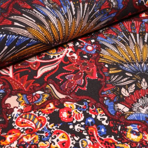 Tissu Viscose Twill Fleurs ethniques sur fond Noir