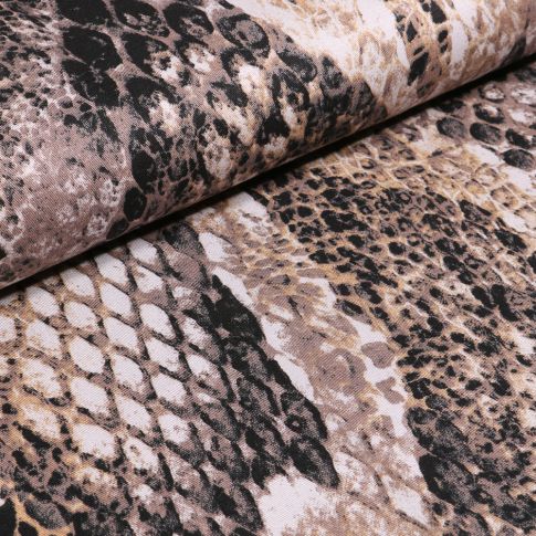 Tissu Coton Satiné extensible Peau de reptiles sur fond Beige
