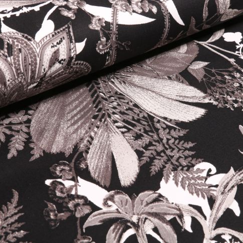 Tissu Coton satiné extensible Fleurs de vanille sur fond Noir