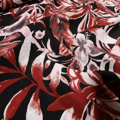Coupon Tissu Viscose texturé Aquarelle de feuilles terracota sur fond Noir - Coupon de 40 cm