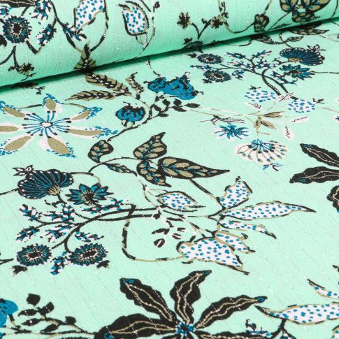 Tissu Viscose texturé lurex Feuilles et fleurs sur fond Vert menthe