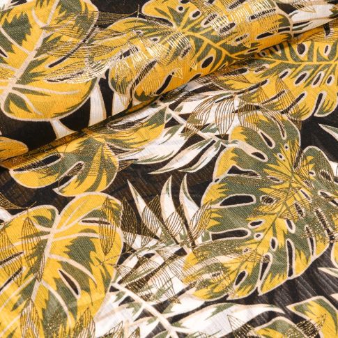 Tissu Crêpe georgette Végétations tropicales jaune et dorés sur fond Noir