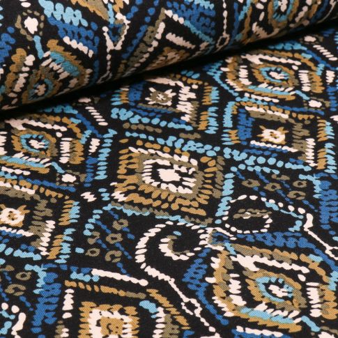Tissu Jersey Viscose Motifs ethnique sur fond Noir