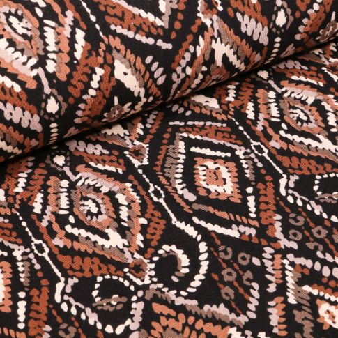 Tissu Jersey Viscose Motifs ethniques sur fond Noir