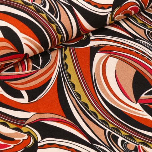 Tissu Jersey Viscose Motifs abstraits colorés sur fond Rouille