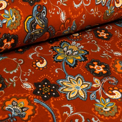 Tissu Jersey Viscose Chardons et fleurs sur fond Rouille