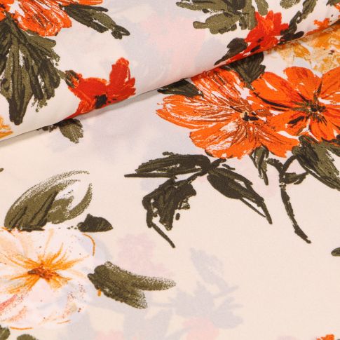 Tissu Crêpe georgette Alba orange sur fond Ecru