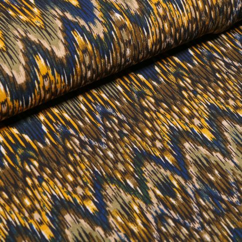 Tissu Crêpe georgette Chevrons jaunes et marron sur fond Bleu