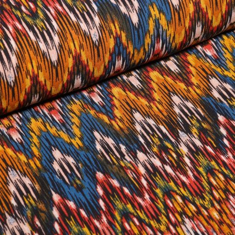 Tissu Crêpe georgette Chevrons jaunes et bleus sur fond Blanc