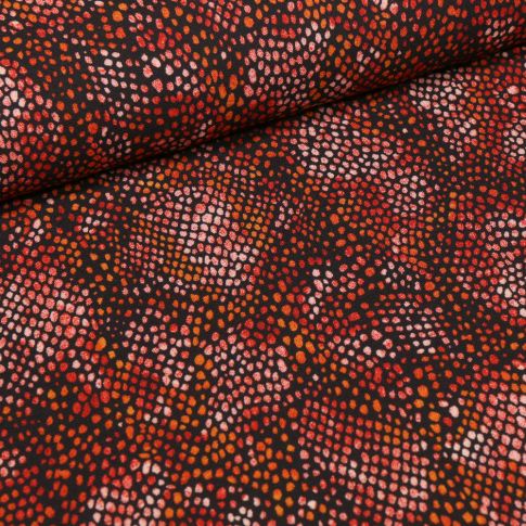 Tissu Crêpe georgette Petits points rouges et orange sur fond Noir
