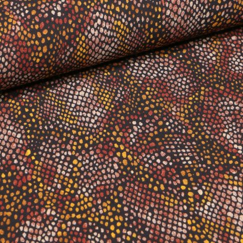 Tissu Crêpe georgette Petits points jaunes et rouges sur fond Marron