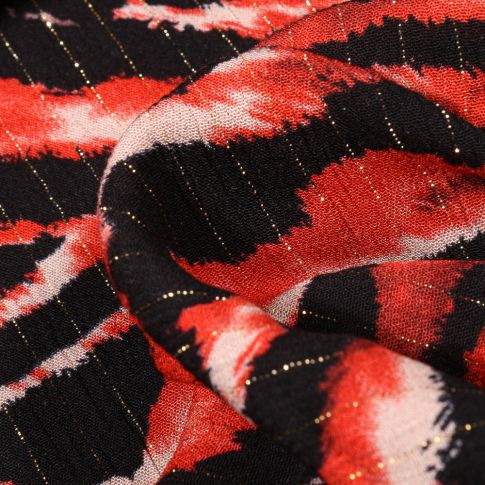 Tissu Viscose Zébré rayures lurex sur fond Rouge