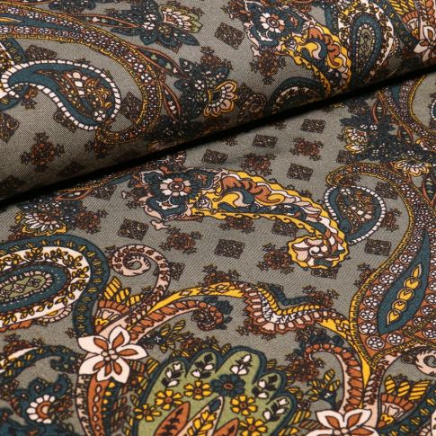 Tissu Viscose Twill Motifs cachemire fleuris sur fond Vert kaki clair