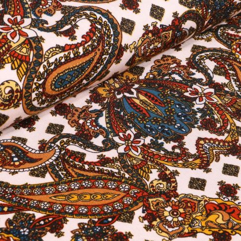 Tissu Viscose Twill Motifs cachemire fleuris sur fond Blanc