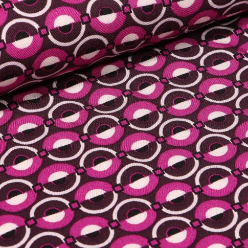 Tissu Viscose Twill Ronds  roses sur fond Prune