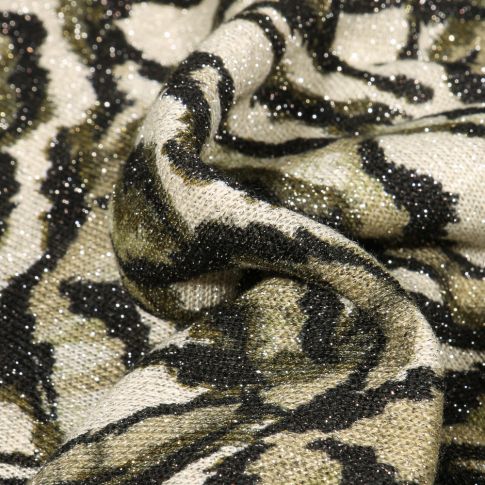 Tissu Maille lurex Feuilles vertes sur fond Blanc cassé